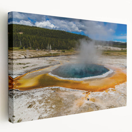 Stretched canvas wall art showcasing a vibrant geyser landscape design, featuring bold colors and dynamic patterns, ideal for enhancing modern home decor.