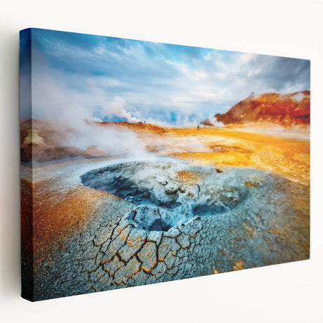 Stretched canvas wall art showcasing a vibrant geyser landscape design, featuring rich colors and intricate details, perfect for home decor in modern settings.