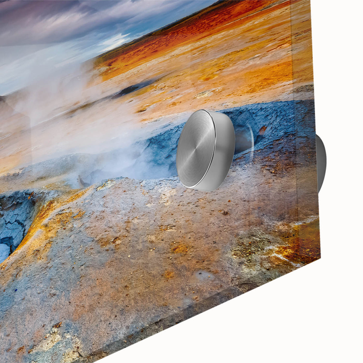 Close-up of a vibrant geyser-themed wall art piece, featuring acrylic glass with intricate details and vivid colors, perfect for enhancing modern interior decor.