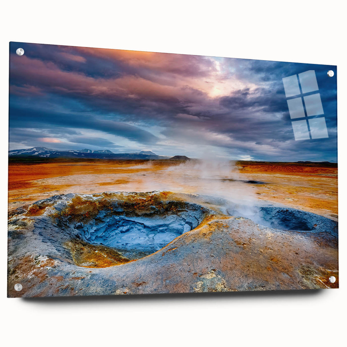 Side view of a vibrant acrylic glass wall art piece from the Geyser Design 18 collection, showcasing a stunning landscape, beautifully mounted with pins for display.