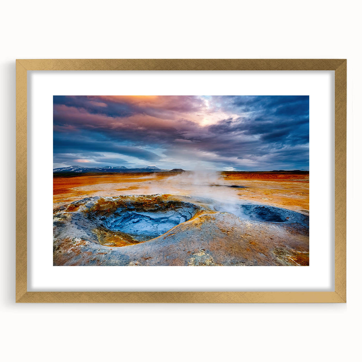 Framed wall art featuring a stunning geyser landscape design with a gold matting, ideal for home decor. Perfect for enhancing modern interiors.