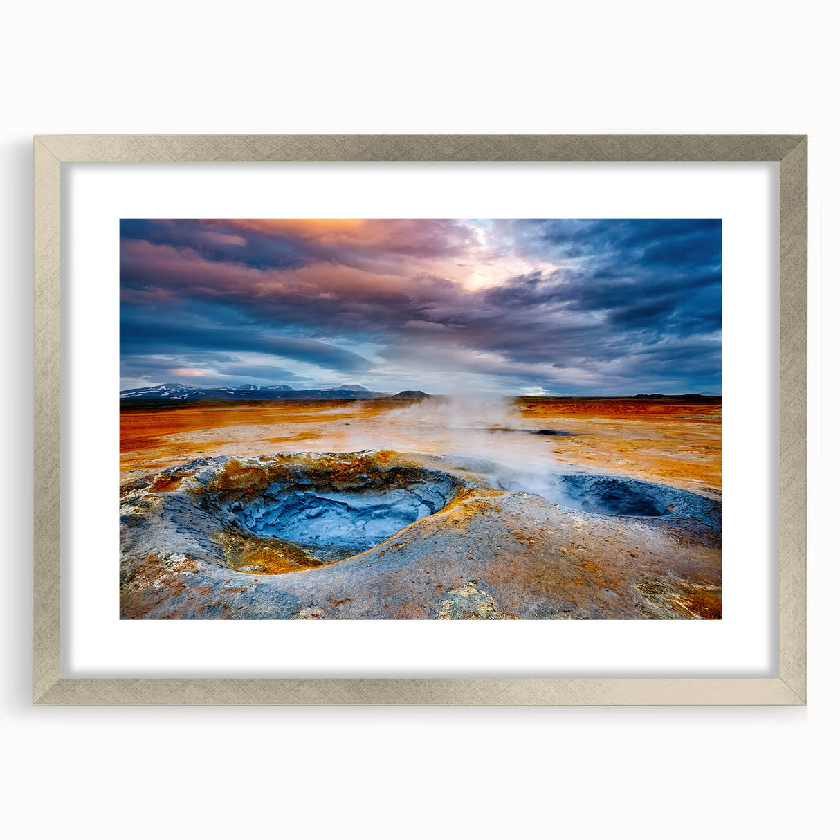 Framed silver wall art featuring a stunning geyser landscape design, elegantly matted for a refined look, perfect for home decor and art enthusiasts.