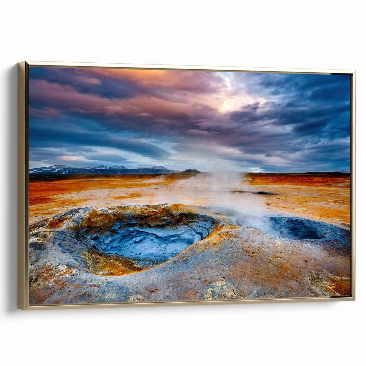 Framed canvas wall art featuring a vibrant geyser design in gold tones, showcasing intricate details and textures, perfect for enhancing modern home decor.