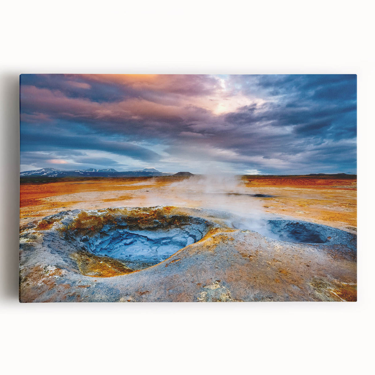 Stretched canvas wall art showcasing a vibrant geyser landscape design, featuring rich colors and intricate details, perfect for home decor and art enthusiasts.