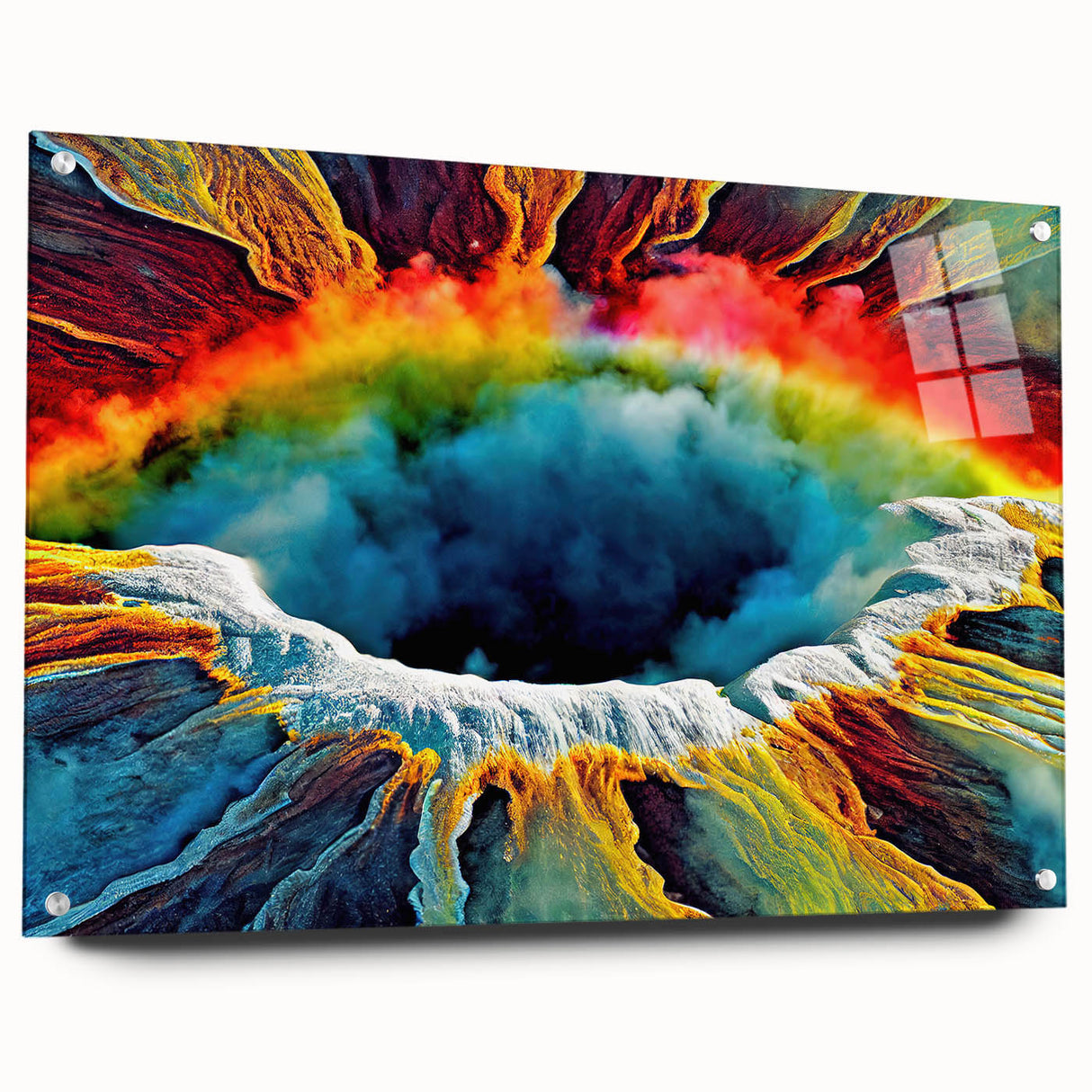 Side view of a modern acrylic glass wall art piece featuring a vibrant geyser landscape design, elegantly displayed with pins against a neutral backdrop, perfect for home decor enthusiasts.