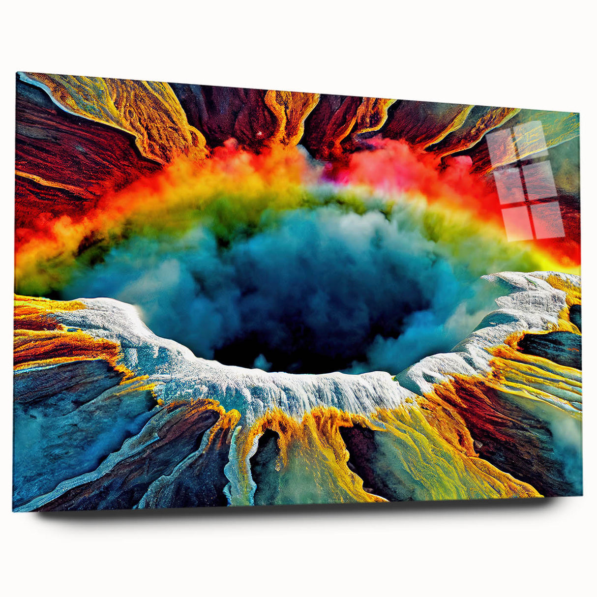Acrylic wall art featuring a vibrant geyser landscape design, displayed from a side view, highlighting its glossy finish and intricate details, perfect for modern decor.