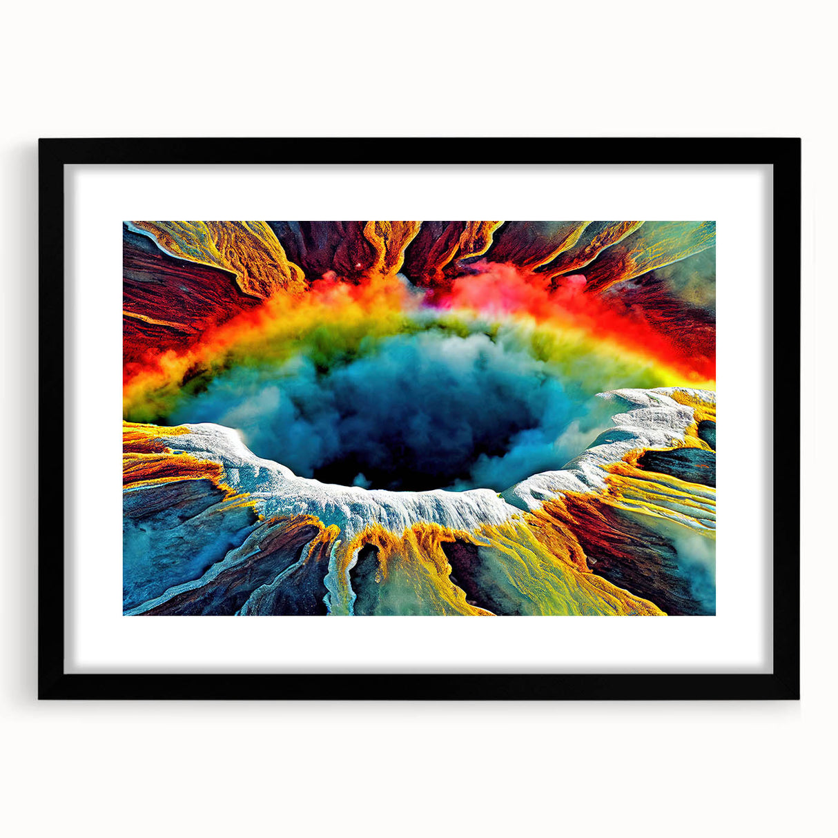 Framed wall art showcasing a modern geyser landscape design with a black mat, perfect for contemporary home decor. Ideal for enhancing living spaces.