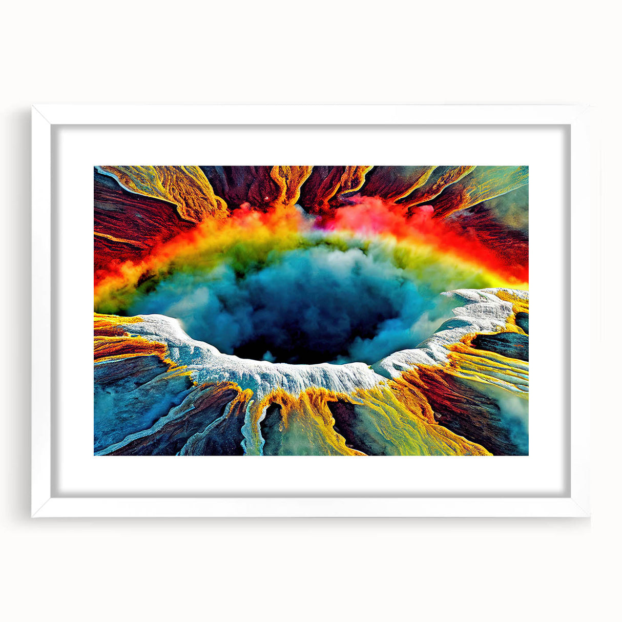 Framed Geyser landscape wall art collection featuring a serene nature scene with vibrant colors, displayed in a sleek white frame with a mat, enhancing home decor.
