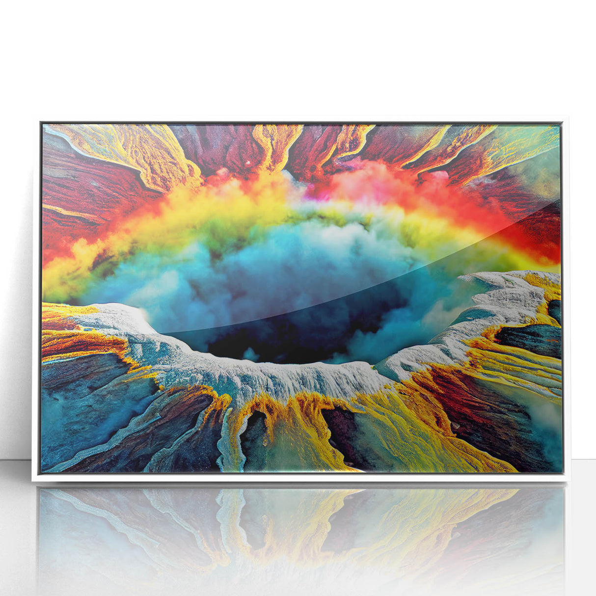 Framed acrylic wall art featuring a vibrant geyser landscape design, showcasing bold colors and striking details, perfect for modern home décor.