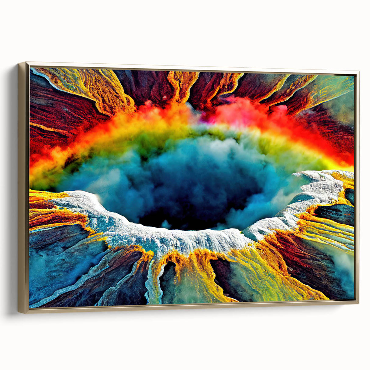Framed canvas wall art showcasing a vibrant landscape design of a geyser, with a gold frame that adds elegance. Ideal for enhancing home decor and creating a focal point.