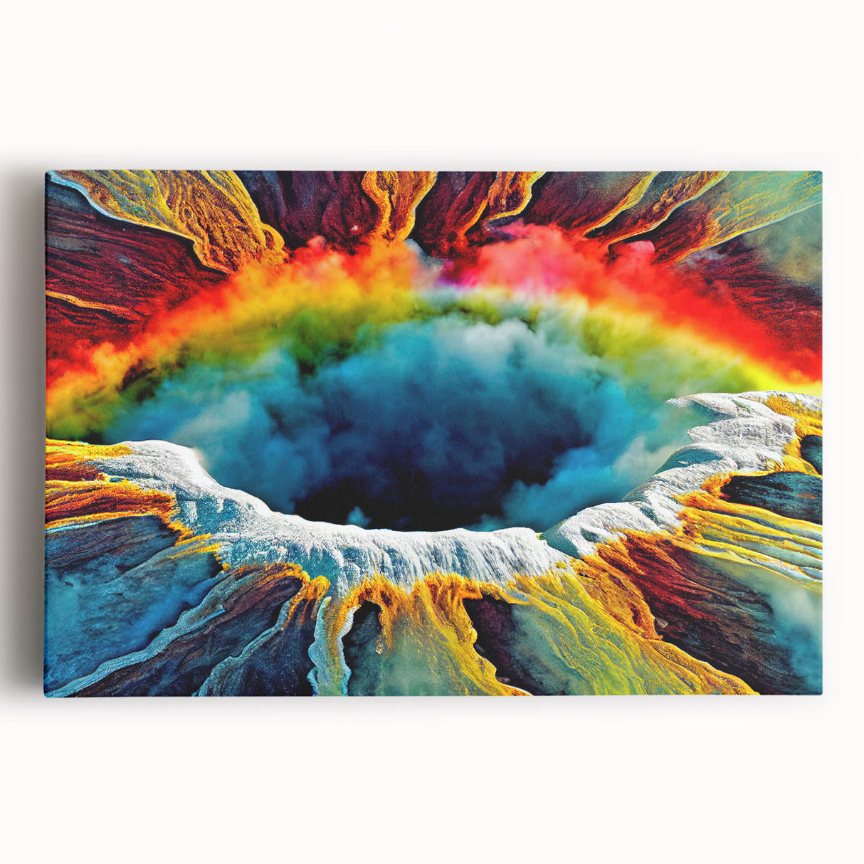 Vibrant stretched canvas wall art featuring a landscape design with a geyser, showcasing bold colors and intricate details, perfect for enhancing home decor.
