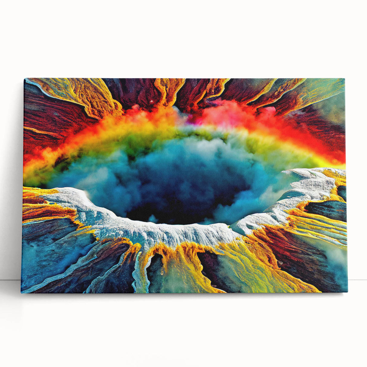 Stretched canvas wall art showcasing a colorful geyser landscape design, leaning against a wall, perfect for home decor or office enhancement.