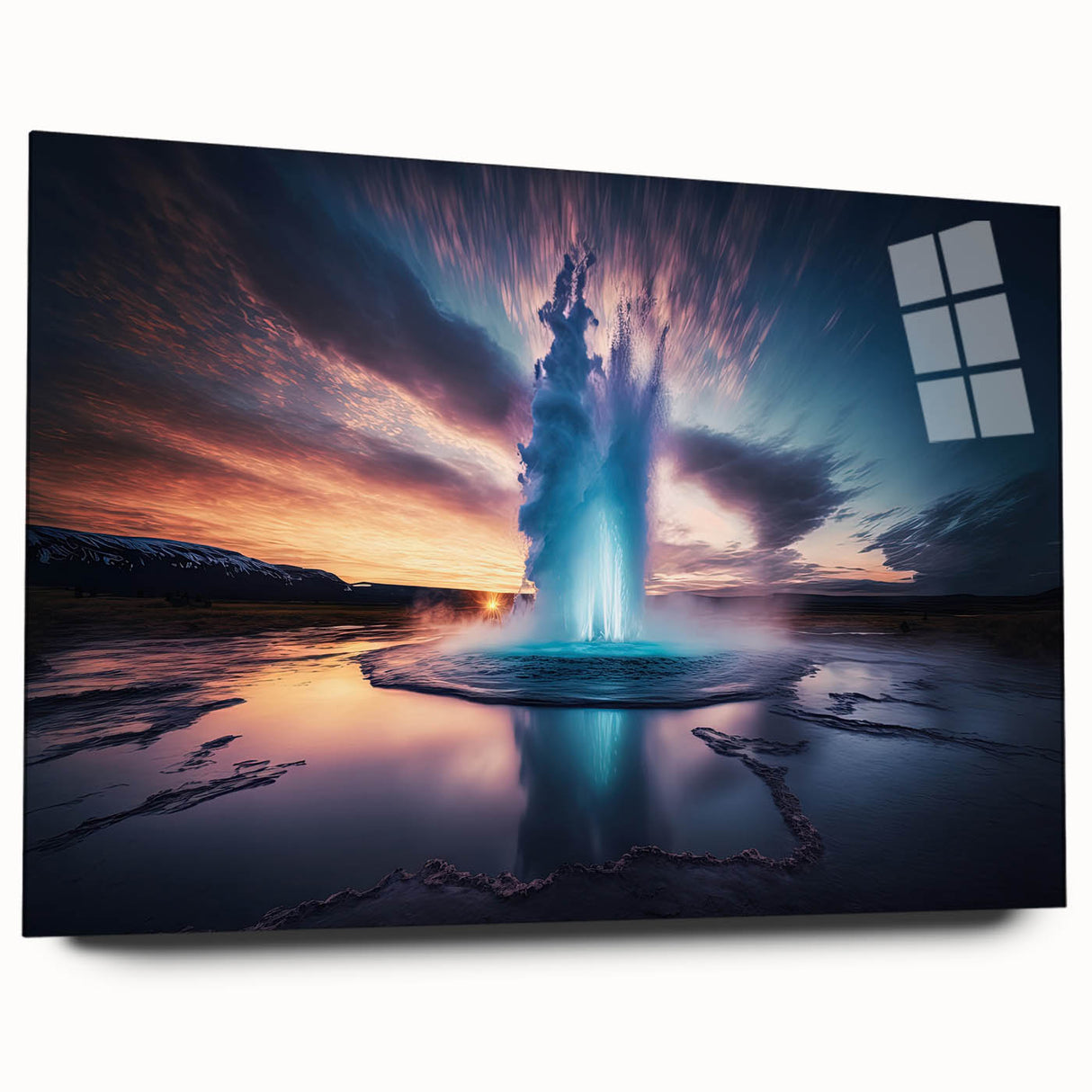 Acrylic glass wall art collection displaying a vibrant landscape design featuring a geyser, showcasing vivid colors and intricate details, ideal for modern decor.