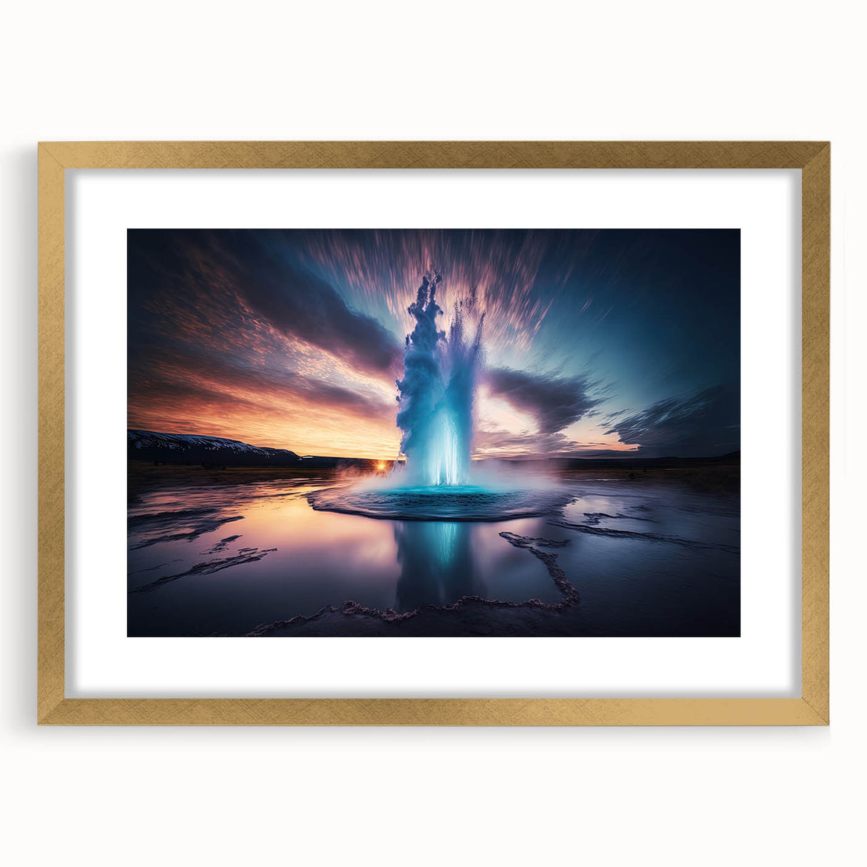 Geyser design wall art collection, framed with a gold mat, showcasing vibrant colors and intricate details, perfect for modern home decor and art enthusiasts.