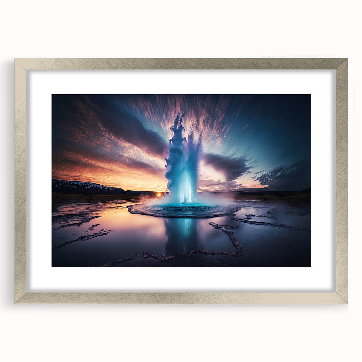 Geyser design wall art collection featuring a silver frame with a mat, showcasing vibrant landscape imagery, perfect for modern home decor.