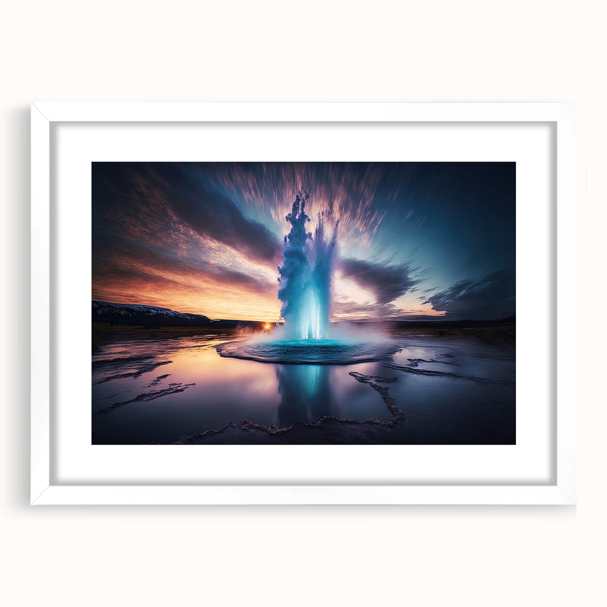 Framed wall art showcasing a vibrant geyser landscape design, featuring a white mat and sleek black frame, perfect for modern home decor.