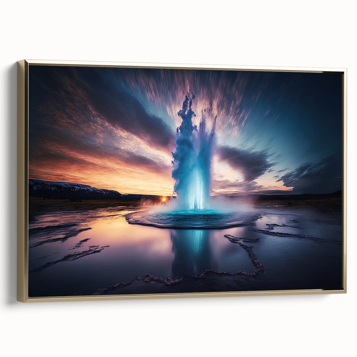 Framed wall art featuring a stunning geyser landscape design in vibrant colors, set against a gold frame, ideal for modern home decor and art enthusiasts.