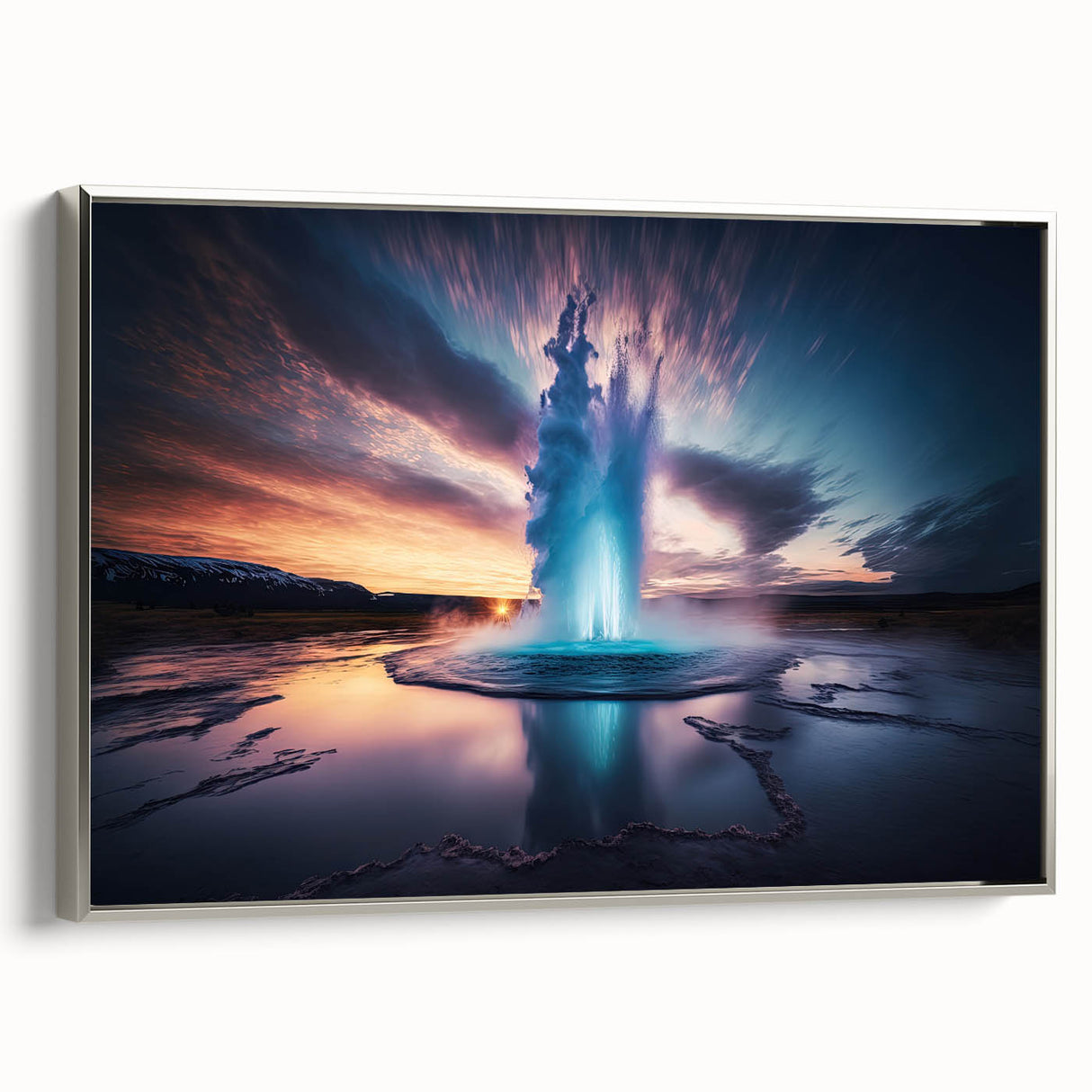 Framed canvas wall art featuring a stunning geyser landscape design in silver tones, showcasing intricate details and a modern aesthetic, perfect for home décor.