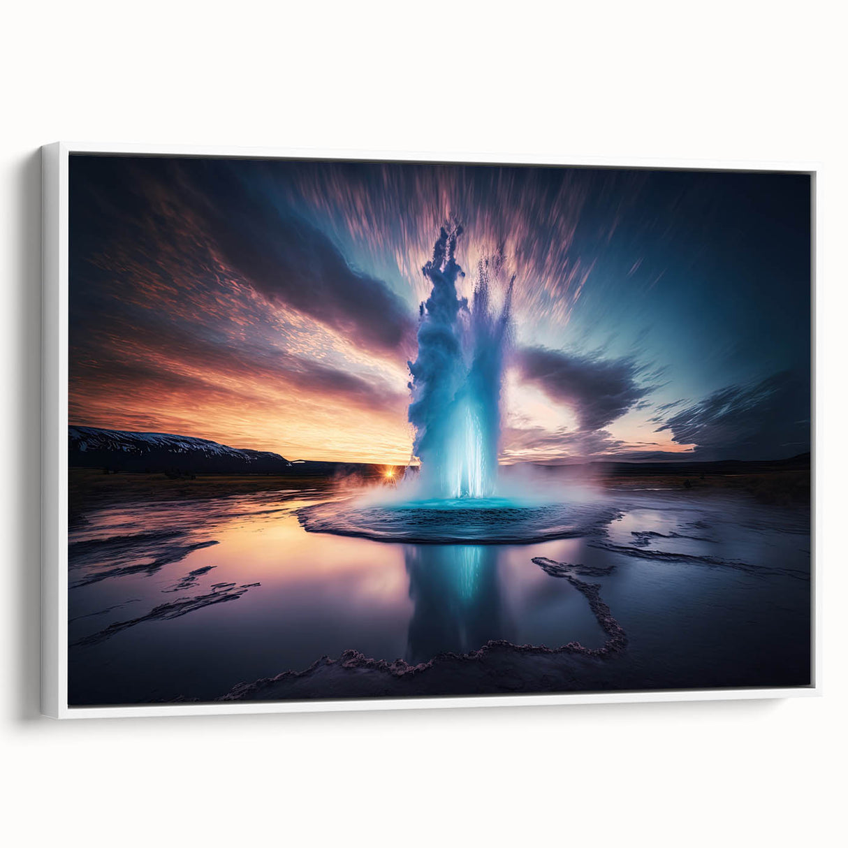 Framed canvas wall art showcasing a modern geyser landscape design with vibrant colors, featuring a white frame, ideal for contemporary home decor.