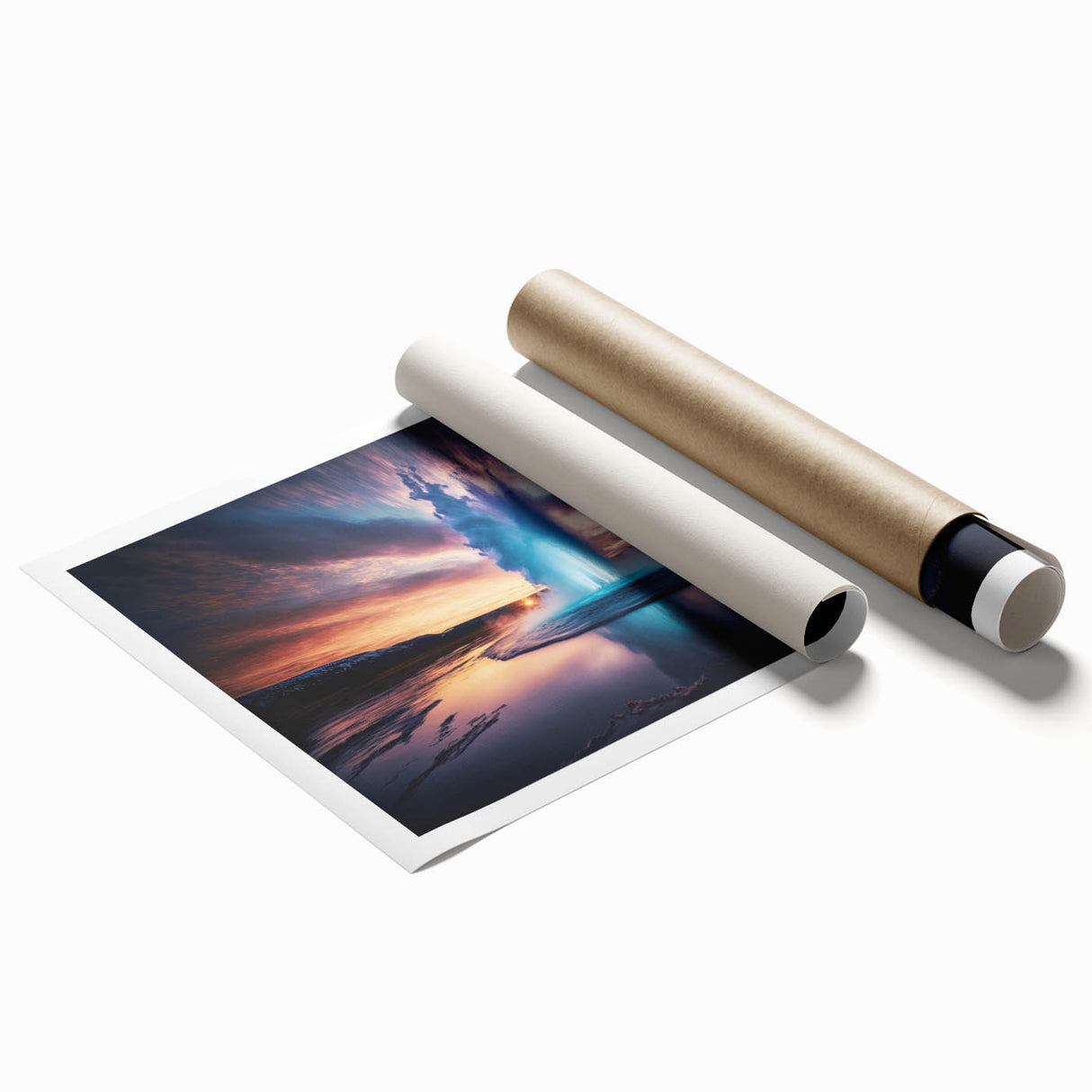 Vibrant rolled wall art showcasing a geothermal geyser landscape design, perfect for home decor, featuring rich colors and intricate details, packaged securely in a tube.