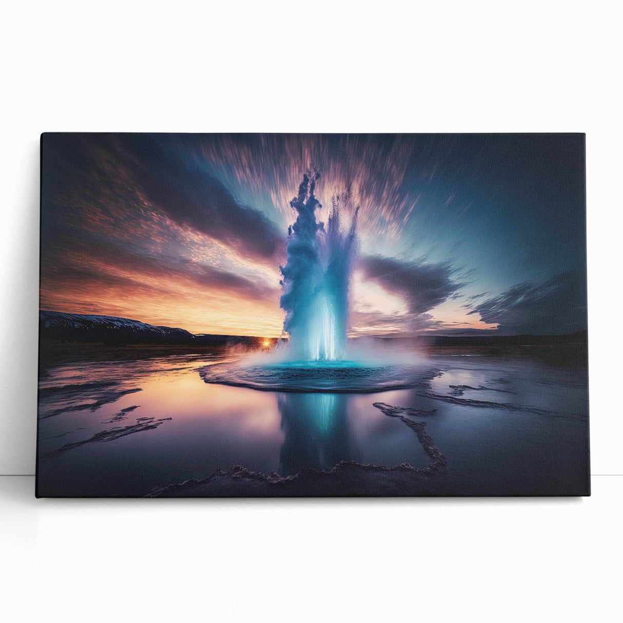 Stretched canvas wall art collection showcasing a vibrant geyser landscape design, featuring rich colors and intricate details, ideal for home decor enhancement.
