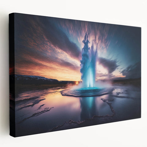 Stretched canvas wall art collection showcasing a vibrant geyser landscape design, featuring rich colors and dynamic textures, perfect for enhancing modern home decor.