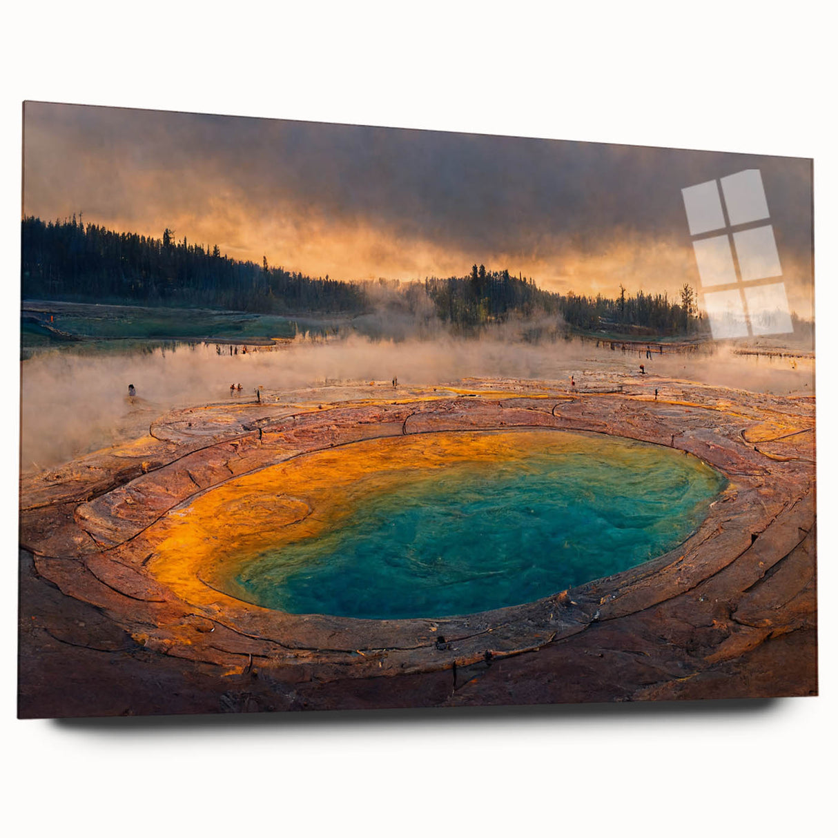 Acrylic glass wall art showcasing a stunning geyser landscape design, featuring vibrant colors and intricate details, perfect for modern home decor.
