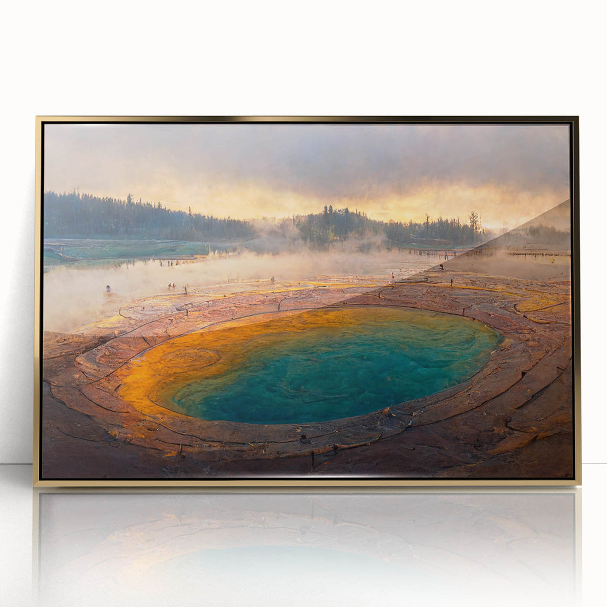 Framed acrylic wall art featuring a vibrant geyser design with gold accents, perfect for modern decor. Ideal for adding color and elegance to any space.