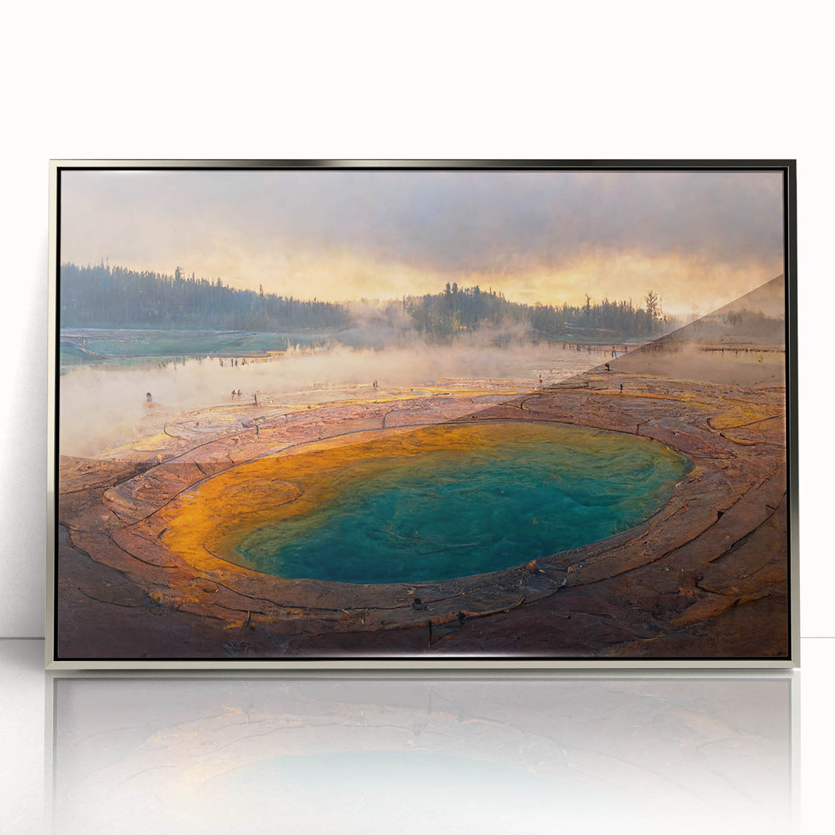 Framed acrylic wall art showcasing a serene geyser landscape design in silver tones, perfect for modern home décor. Ideal for enhancing living spaces with natural beauty.