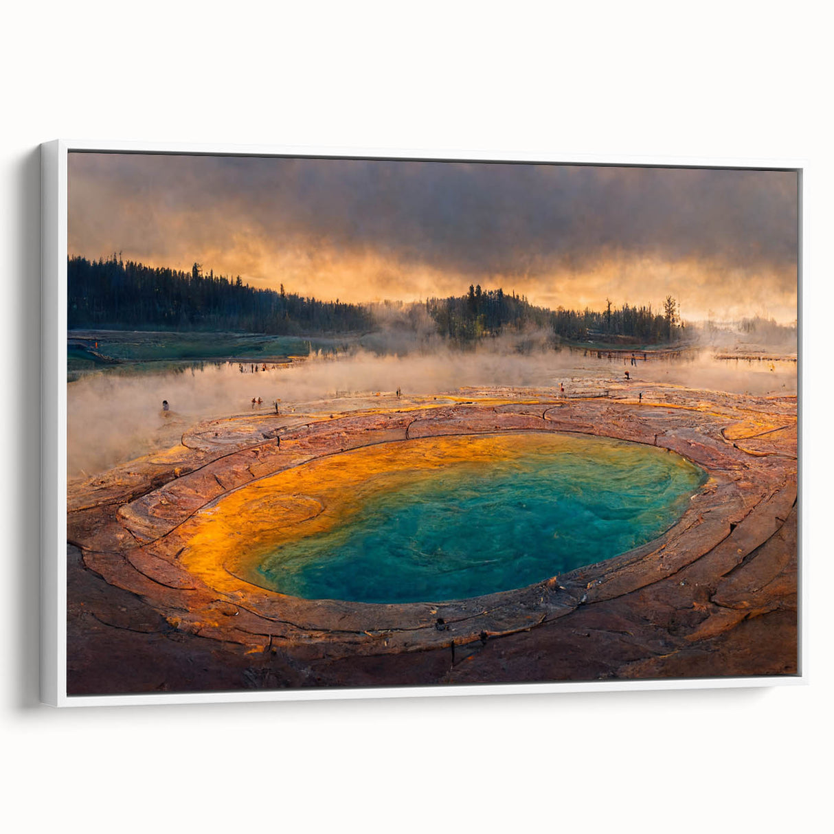 Framed canvas wall art showcasing a serene landscape featuring a geyser design, with a white frame and side view, perfect for modern home decor.