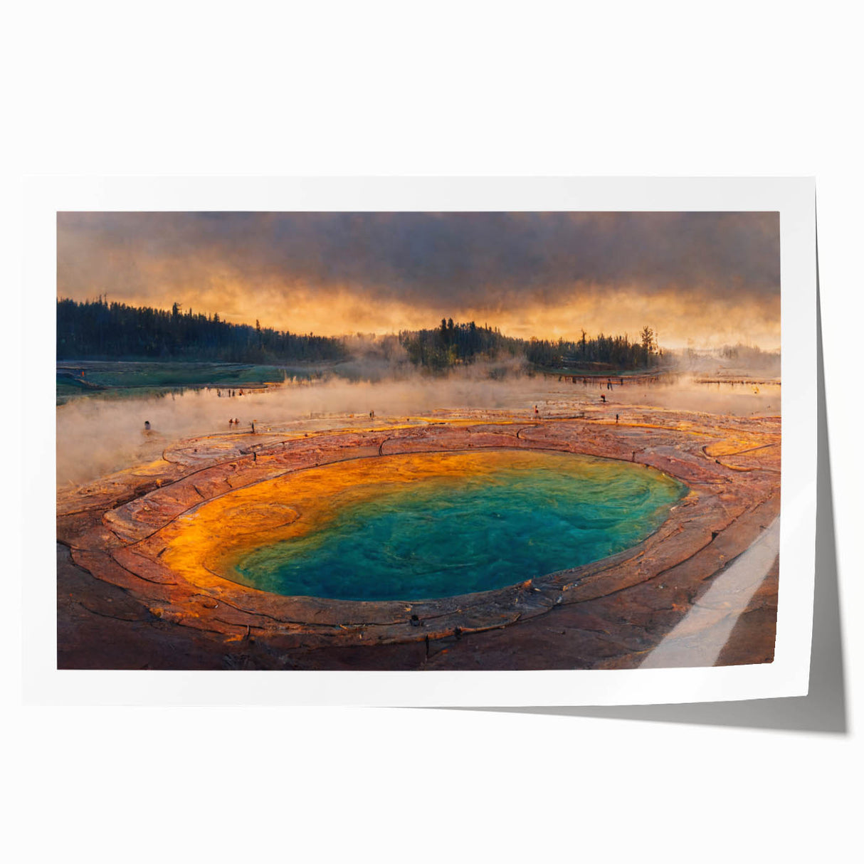 Vibrant rolled print of geyser landscape wall art, showcasing dynamic colors and intricate details, ideal for modern home decor. Packaged securely in a cardboard tube.
