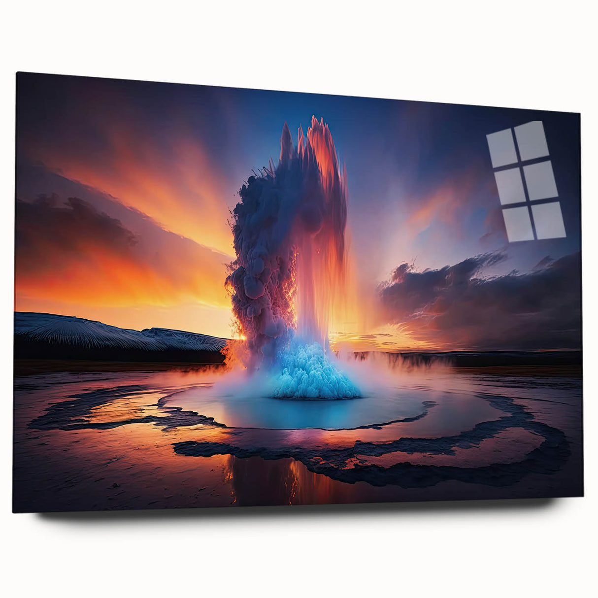 Acrylic glass wall art showcasing a vibrant geyser landscape design, featuring rich colors and intricate details, perfect for modern home decor.