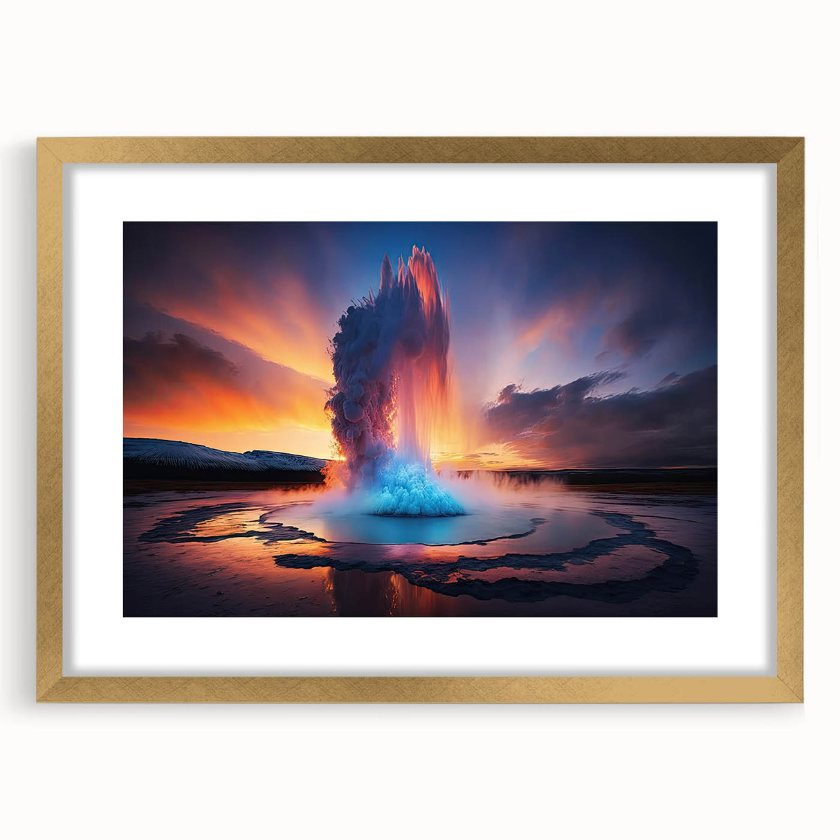 Geyser Design 3 wall art collection showcasing a stunning landscape print in a gold frame with a mat, perfect for enhancing modern home decor.
