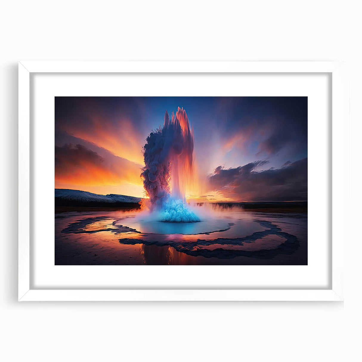 Framed wall art featuring a geyser landscape design, showcasing vibrant colors and intricate details, with a white mat and sleek frame, perfect for home decor.