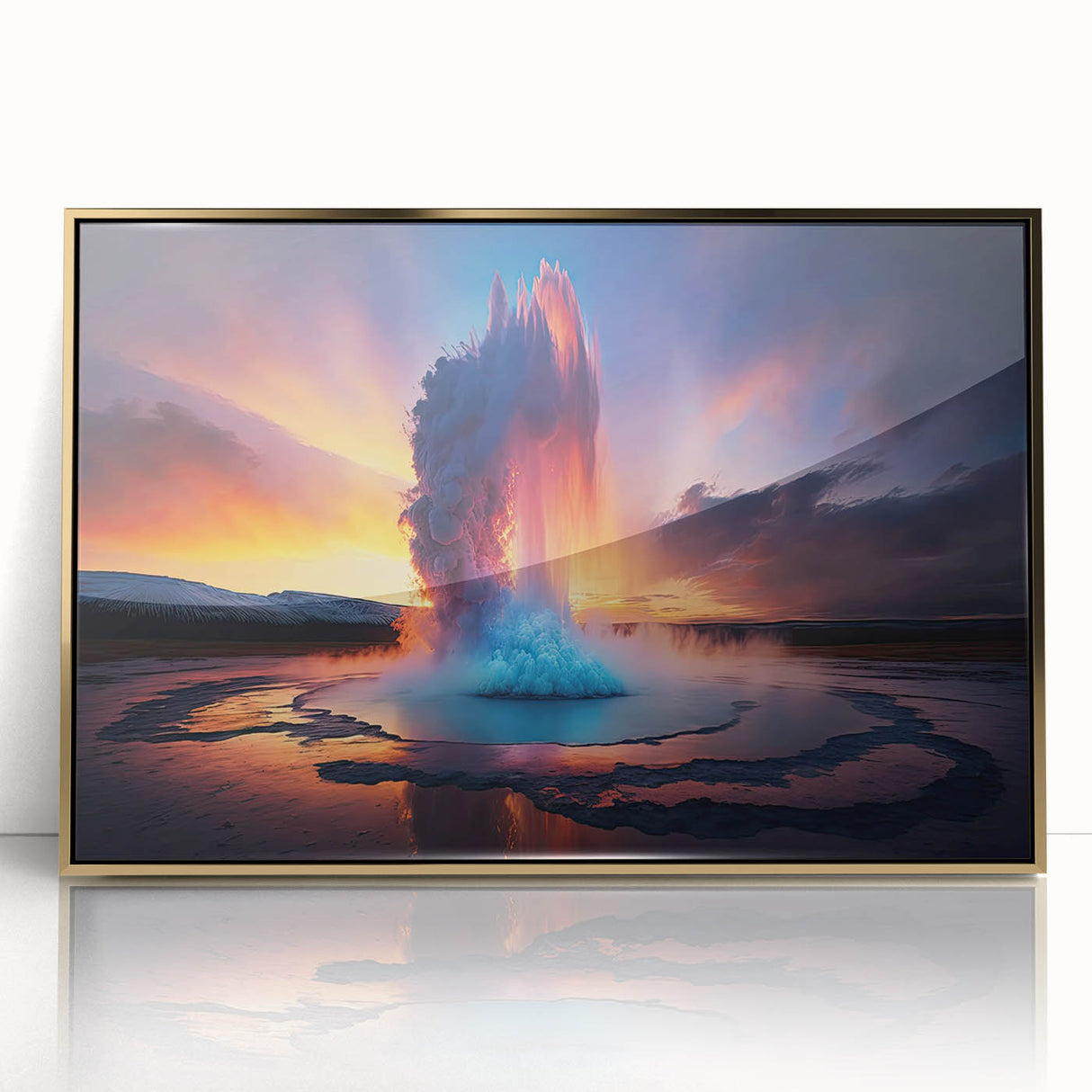 Framed acrylic wall art featuring a vibrant geyser design in gold tones, showcasing a stunning landscape that adds elegance to any decor. Perfect for modern interiors.