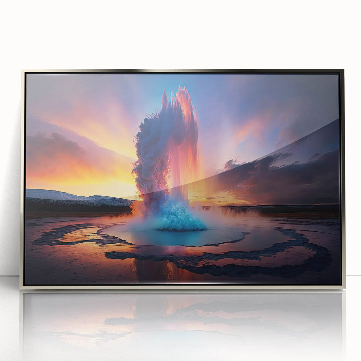 Framed acrylic wall art showcasing a vibrant geyser landscape design in silver tones, perfect for modern decor. Ideal for enhancing living spaces with nature-inspired aesthetics.