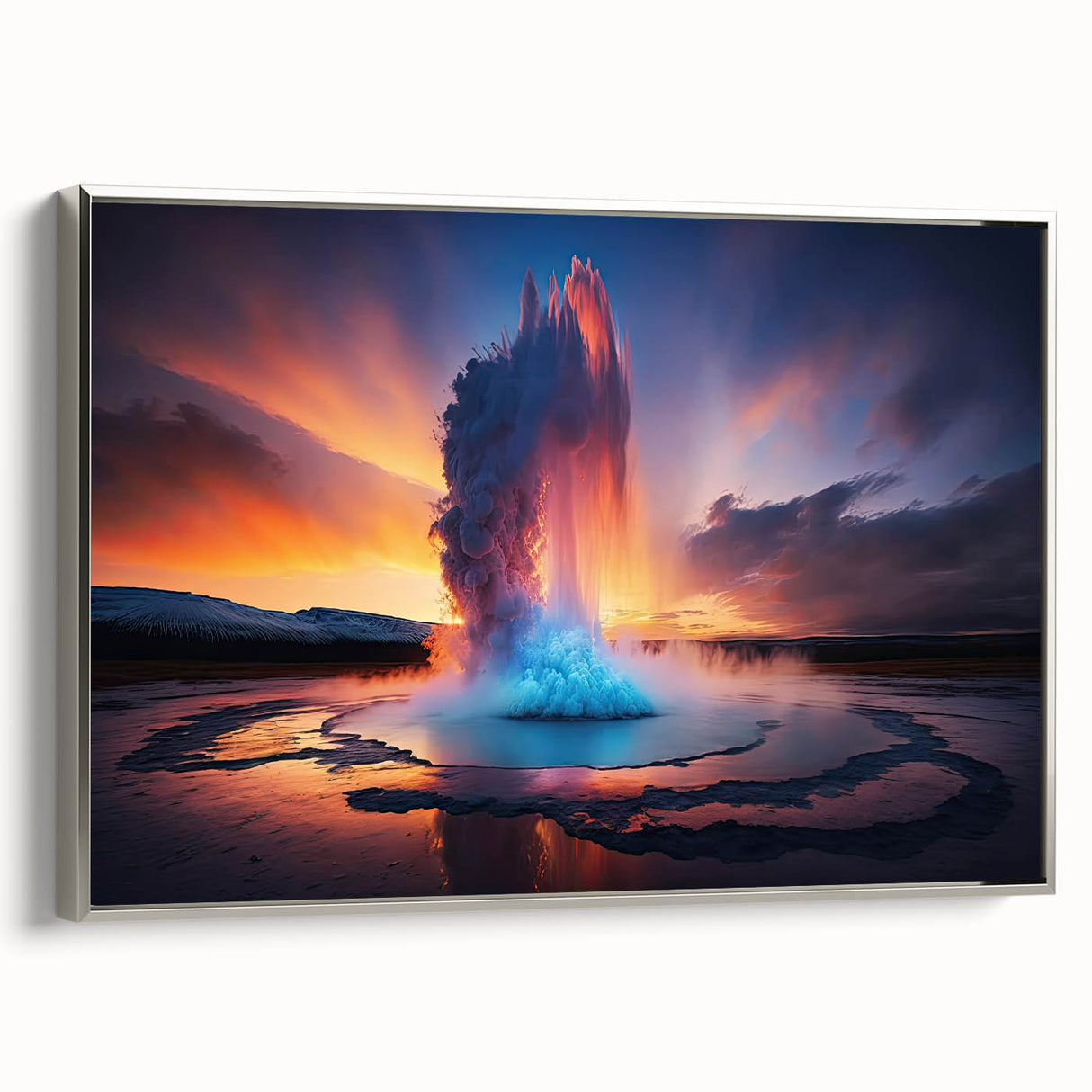Framed canvas wall art featuring a stunning geyser landscape design in silver tones, showcasing vibrant colors and intricate details, ideal for modern home decor.
