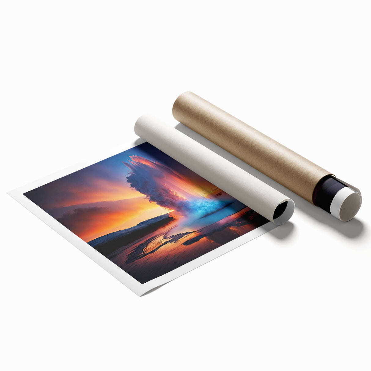 Vibrant rolled print showcasing a stunning geyser landscape design in rich colors, perfect for home decor, packaged securely in a protective cardboard tube.