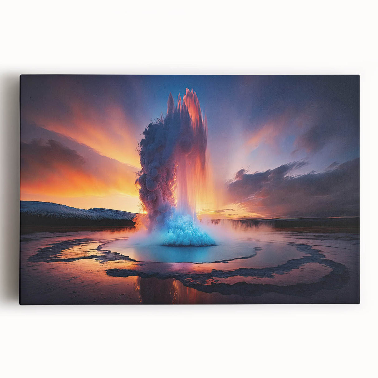 Stretched canvas wall art showcasing a vibrant geyser landscape design in rich colors. Ideal for modern home decor, it brings a natural touch to any space.