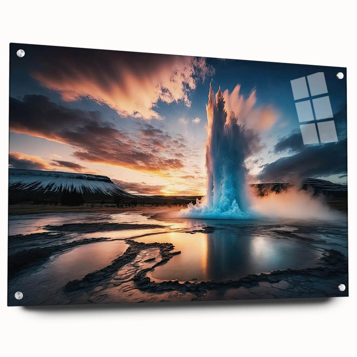 Side view of a modern acrylic glass wall art piece featuring a stunning geyser landscape design, elegantly displayed with pins, perfect for home decor.