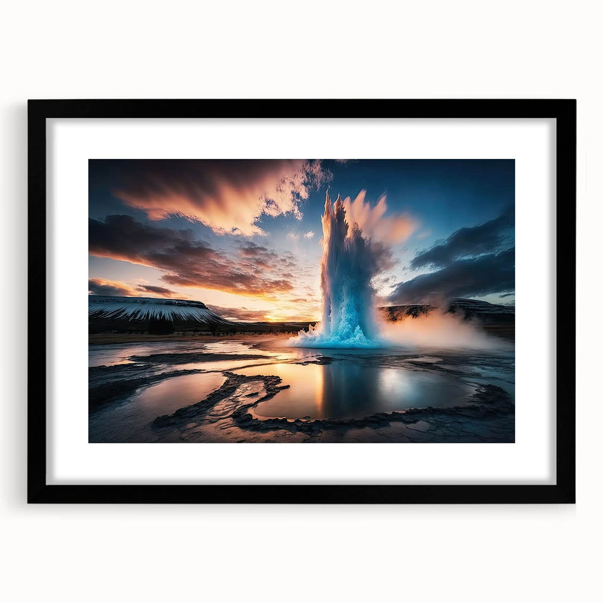 Framed wall art featuring a stunning landscape geyser design in vibrant colors, set against a sleek black frame with a mat, perfect for modern decor.