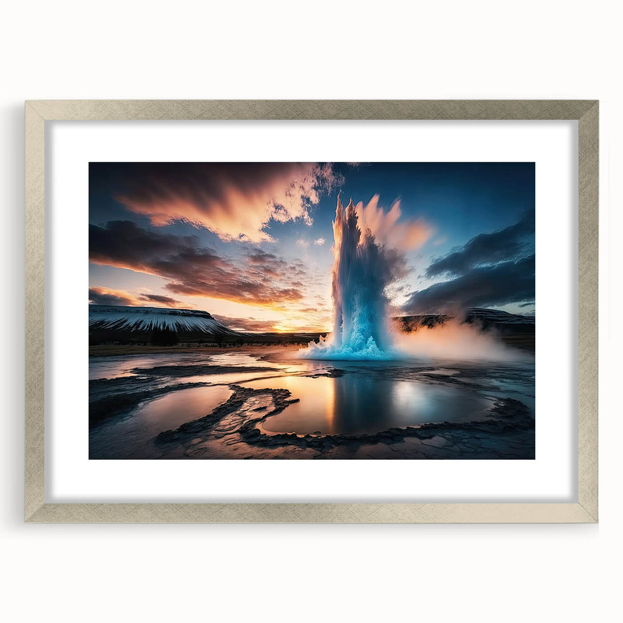 Framed wall art collection featuring a stunning landscape geyser design, with a silver mat and sleek frame, perfect for enhancing modern decor aesthetics. Ideal for art enthusiasts and home decorators looking to elevate their space.