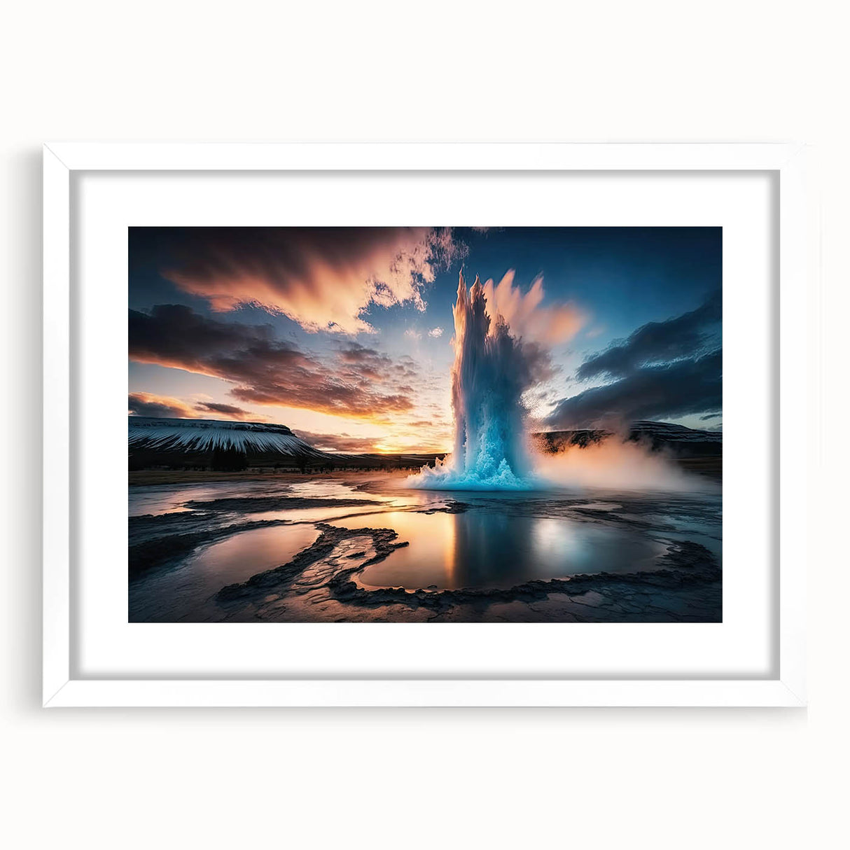 Framed wall art collection depicting vibrant geyser landscapes, featuring a white mat and sleek frame, ideal for modern home decor and artistic enhancement.