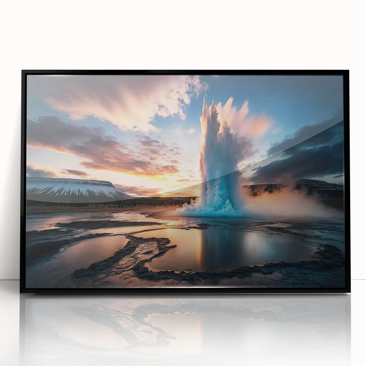 Framed acrylic wall art showcasing a stunning geyser landscape design in vibrant colors, set in a sleek black frame, perfect for modern home décor.