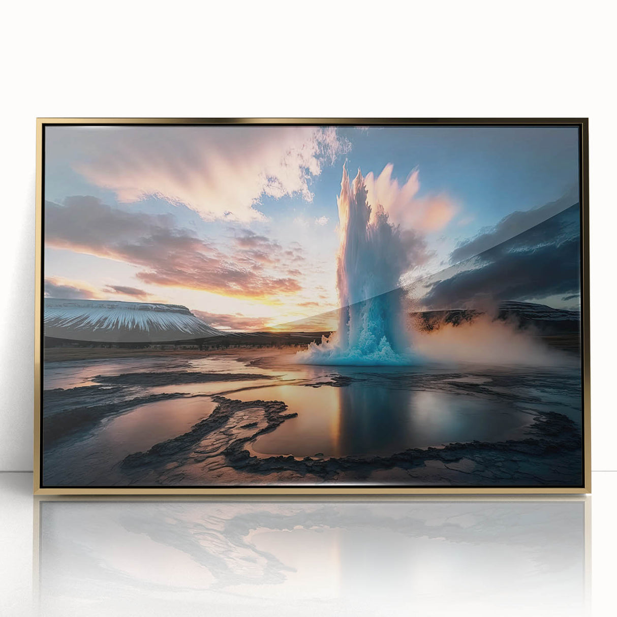 Framed acrylic wall art featuring a stunning geyser landscape design in vibrant colors, elegantly encased in a gold frame, perfect for modern home decor.