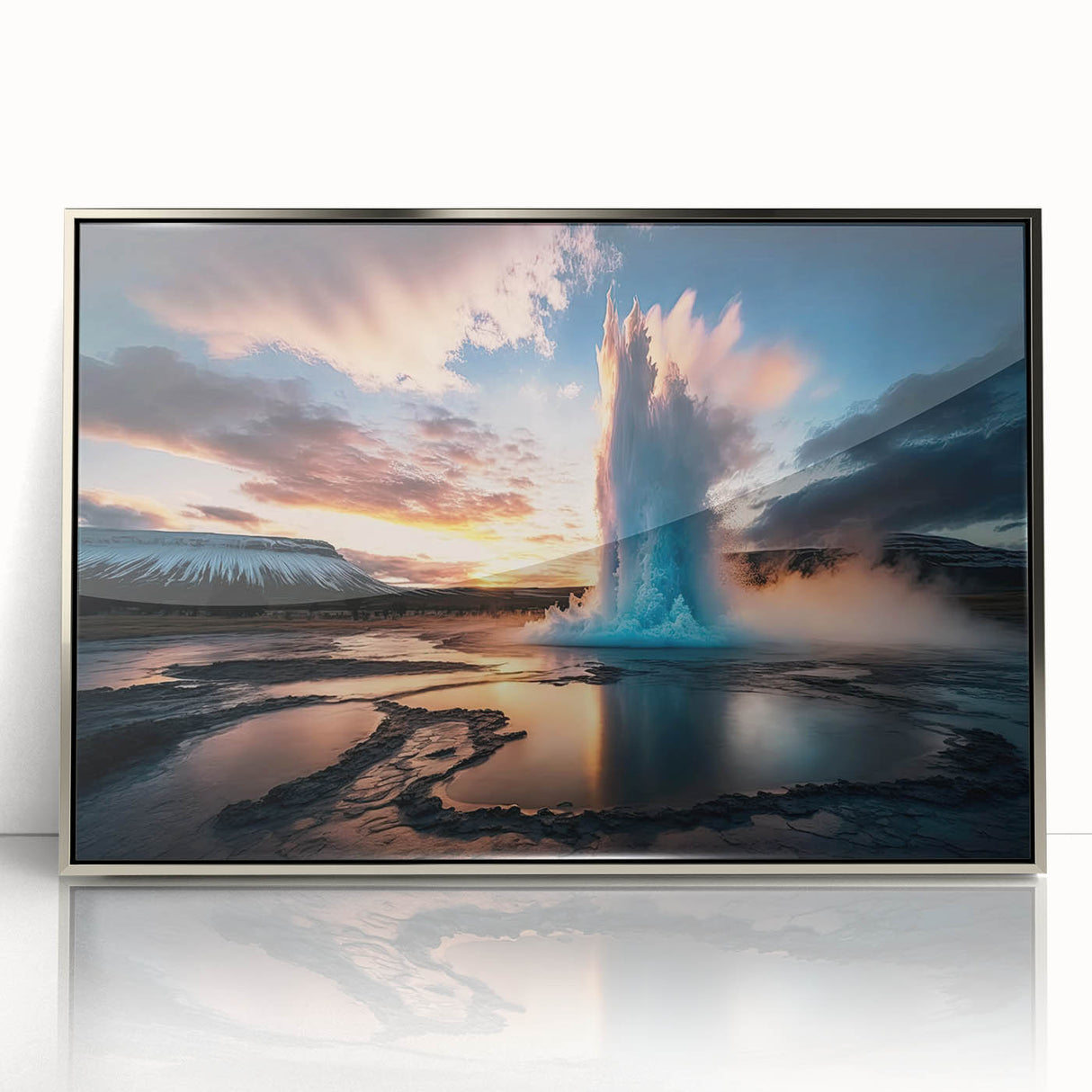Framed acrylic wall art showcasing a stunning geyser landscape design in silver tones, perfect for modern home decor, enhancing living spaces with its vibrant visuals.