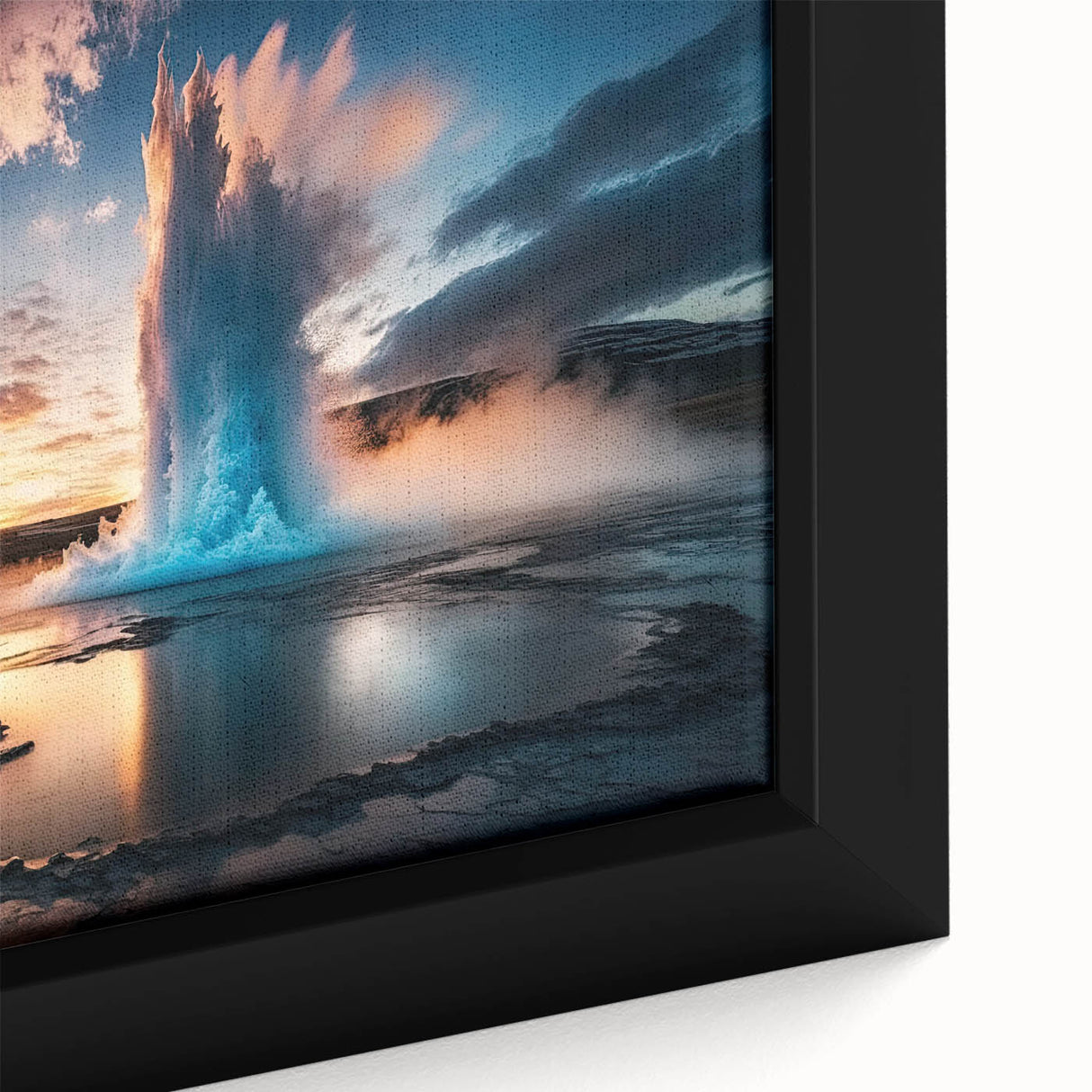Framed canvas artwork showcasing a vibrant geyser landscape design, featuring bold colors and intricate details, perfect for modern home decor.