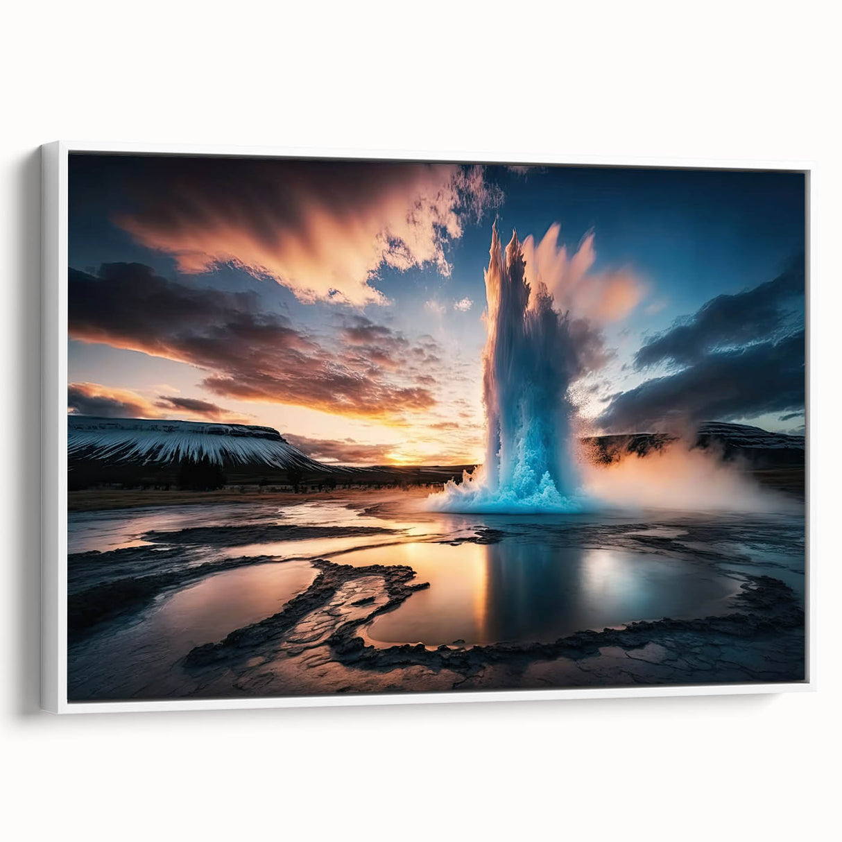 Framed canvas wall art featuring a serene landscape design with a geyser, presented in a sleek white frame, ideal for enhancing modern home decor.