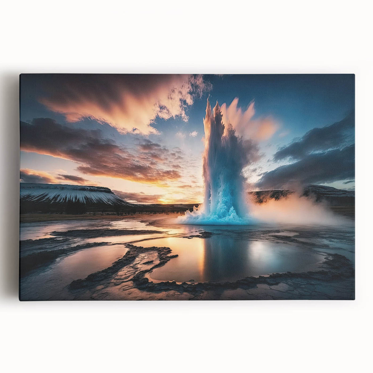 Stretched canvas art depicting a vibrant geyser landscape, showcasing vivid colors and intricate details, perfect for enhancing home decor aesthetics.