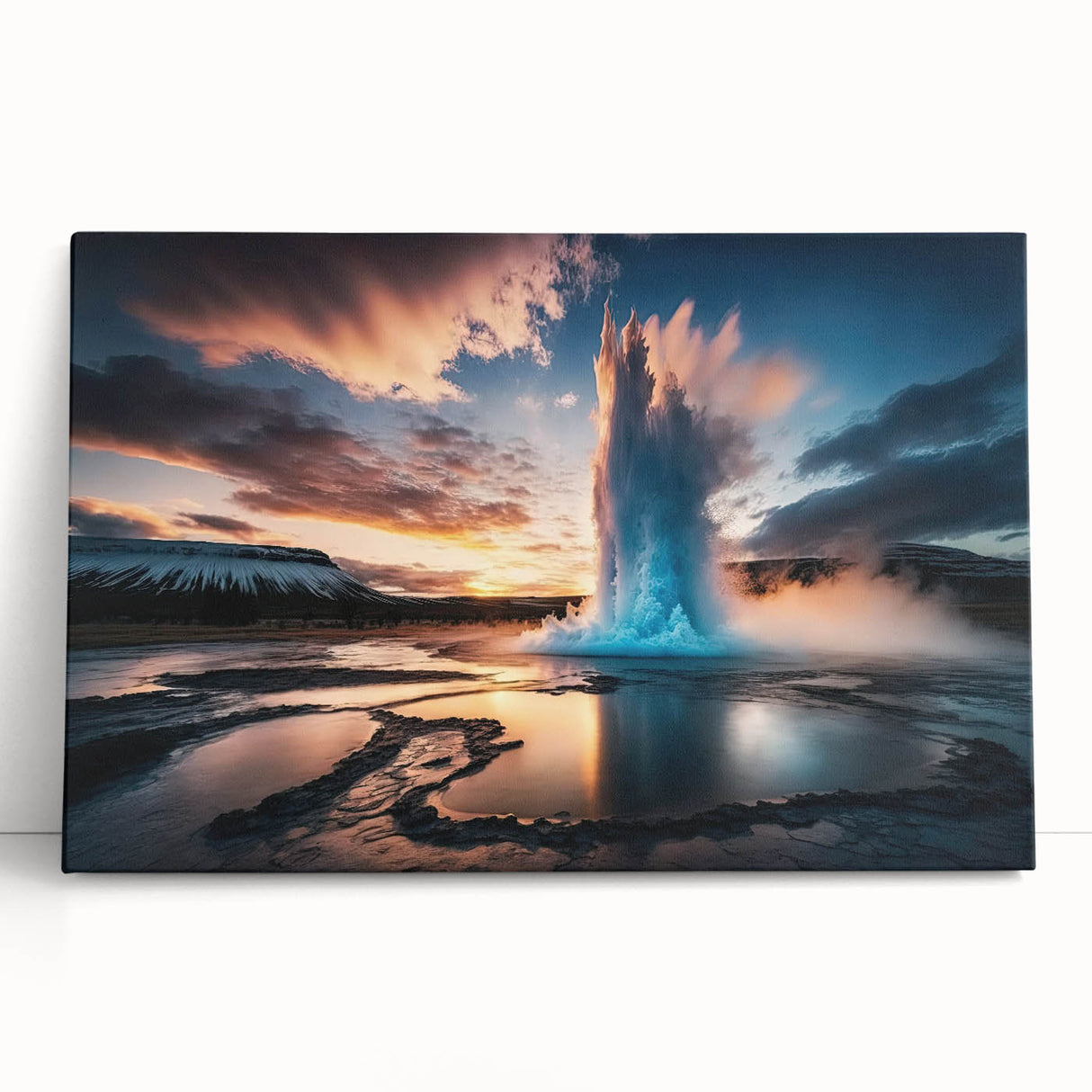 Stretched canvas wall art featuring a vibrant geyser landscape design, showcasing bold colors and dynamic textures, perfect for enhancing modern home decor.